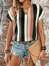 Load image into Gallery viewer, Striped Print Short Sleeve Shirt, Casual Split Crew Neck Summer Shirt, Women&#39;s Clothing- Size: S