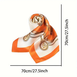 Vibrant Orange Floral Chain Print Silk Square Scarf - Soft, Breathable, Sunscreen, Versatile Accessory for Teens