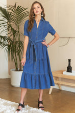 Load image into Gallery viewer, Tiered Button Down Tie Waist Short Sleeve Denim Dress