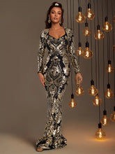 Load image into Gallery viewer, Glittering Square Neck Sequin Mermaid Dress - Body-con, Long Sleeves, Chic &amp; Elegant Evening Wear, XS