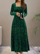 Load image into Gallery viewer, Vibrant Floral Velvet Aline Dress - Elegant Long Sleeve, Square Neck, Swing Design, Soft and Comfortable- M