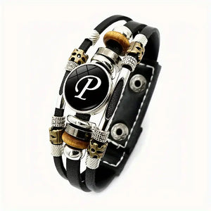 Boho Chic Braided Bracelet with Letter Pattern – Versatile Unisex PU Leather Wristband for Both Men and Women