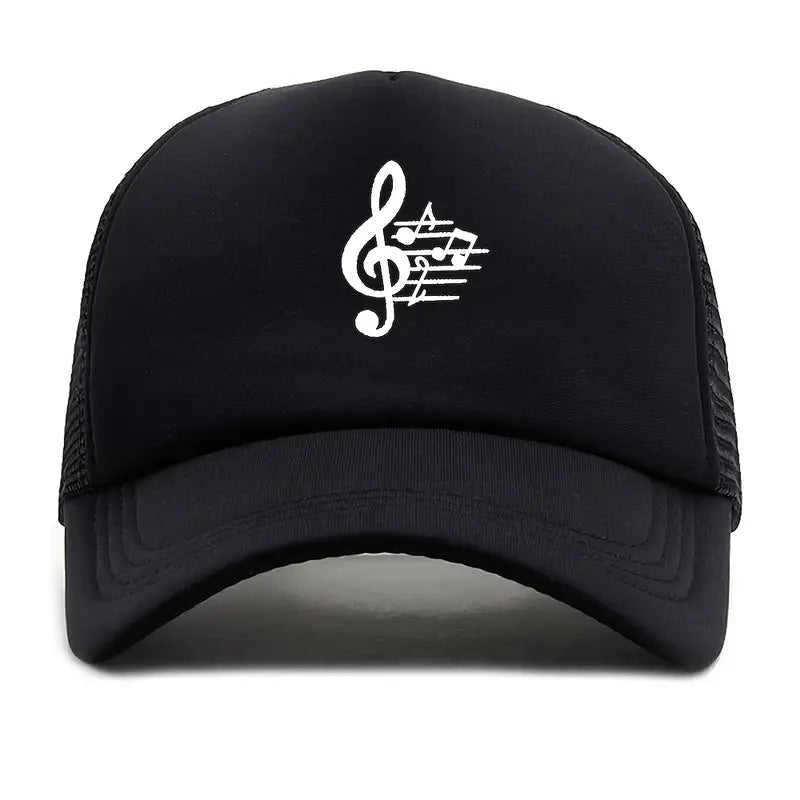 Vibrant Musical Notes Curved Brim Baseball Cap - Breathable Mesh Trucker Hat with Snapback Closure