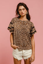 Load image into Gallery viewer, BiBi Leopard Crochet Trim Round Neck Short Sleeve Top