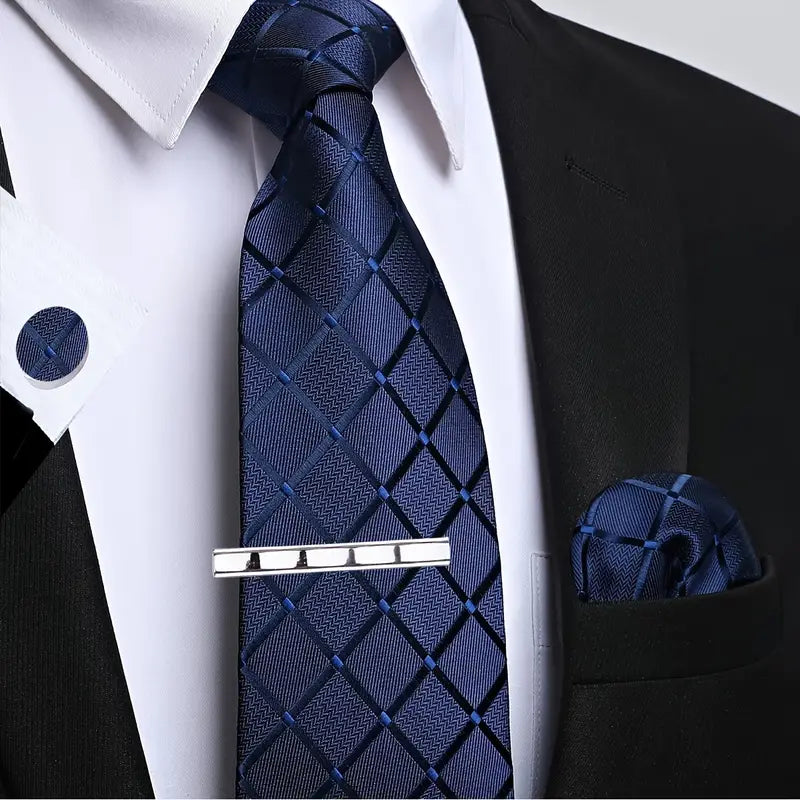 Men's Elegant 4pcs Tie Set With Plaid Design - Includes Classic Fashion Necktie, Pocket Square, Clip, and Cufflinks