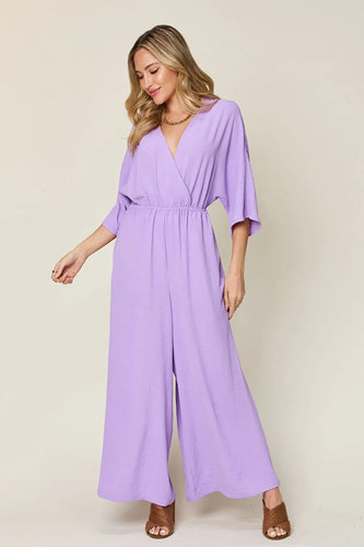 Double Take Full Size Surplice Wide Leg Jumpsuit with Pockets in 4 Colors