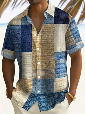 Beautiful Men's Shirt - Polyester Non-Stretch Button-Up Top with Color Block Print - Size: XL