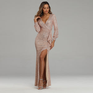 Fantasy Celebrity Sexy High Slit Long Sleeve Sequined Banquet Evening Dress Women - 3 Colors