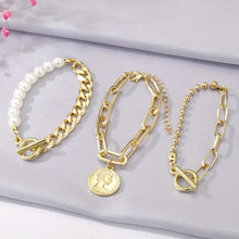 Load image into Gallery viewer, 3-Piece Exquisite Coin Pendant Link Chain Bracelet Set - Elegant Hand Chain for Women