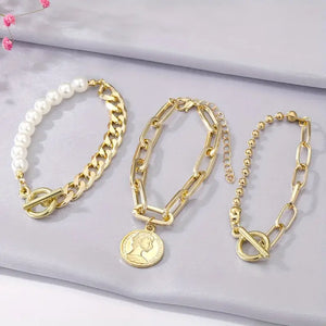 3-Piece Exquisite Coin Pendant Link Chain Bracelet Set - Elegant Hand Chain for Women