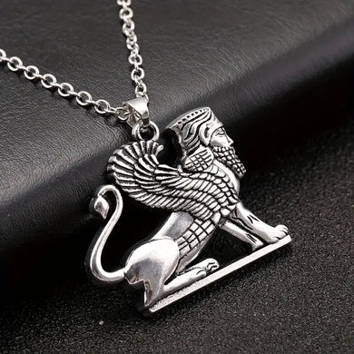 Vintage Persian Empire Zoroastrianism Winged Lion Pendant Necklace Fashion Antique Silver Plated Alloy Jewelry for Men and Women