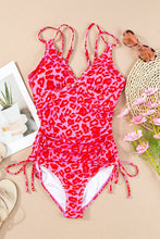 Load image into Gallery viewer, Leopard Cutout Ribbed Side Drawstring One-Piece Swimsuit Strawberry Color Eliot Shops Los Angeles