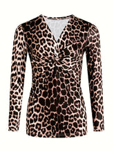 Load image into Gallery viewer, Leopard Print Twist Tunic - Flattering V Neck, Slimming Long Sleeves - Womens Fashion Casual Top with Figure-Embracing Twist Detail -2 Sizes