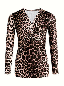 Leopard Print Twist Tunic - Flattering V Neck, Slimming Long Sleeves - Womens Fashion Casual Top with Figure-Embracing Twist Detail -2 Sizes