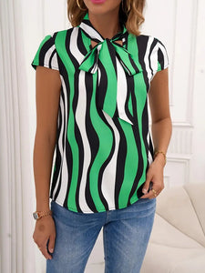 Stylish Abstract Ripple Print Blouse - High Neck, Micro Elastic, Random Printed, Casual Tie Neck Cap Sleeve Shirt for Women - M