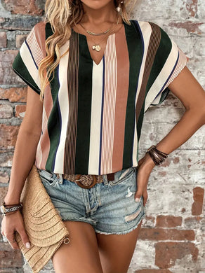 Striped Print Short Sleeve Shirt, Casual Split Crew Neck Summer Shirt, Women's Clothing- Size: S