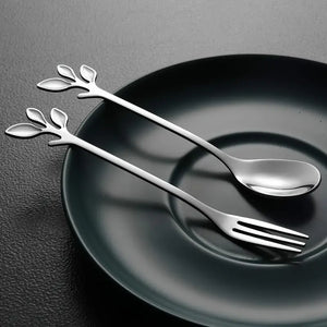 Stainless Steel Leaf-Shaped Cutlery Set - Includes 6 Forks and 6 Spoons, Silver