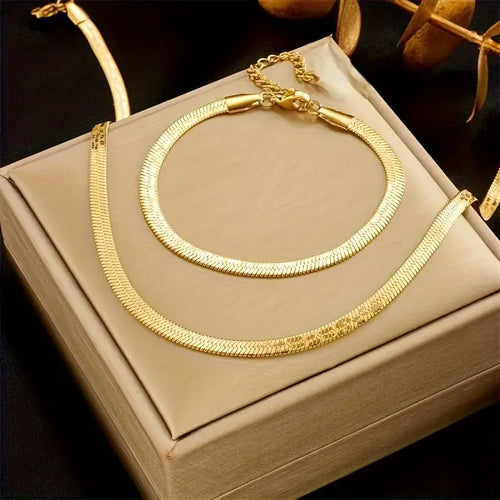 Gold-Plated Stainless Steel Jewelry Set - Vintage French Style Necklace & Bracelet for Women