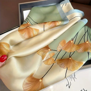 Ginkgo Leaf Printed Square Scarf Simulated Silk Soft Cozy Neck Scarf For Women