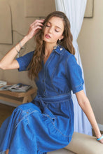 Load image into Gallery viewer, Tiered Button Down Tie Waist Short Sleeve Denim Dress