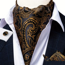 Load image into Gallery viewer, Set of Mens Silk Ascot Cravat with Paisley Floral Handkerchief and Cufflinks