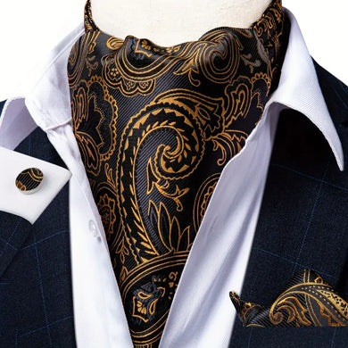 Set of Mens Silk Ascot Cravat with Paisley Floral Handkerchief and Cufflinks