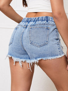 Distressed Drawstring Raw Hem Denim Shorts, 85% Cotton, Special Price! - #shop_name - Shorts