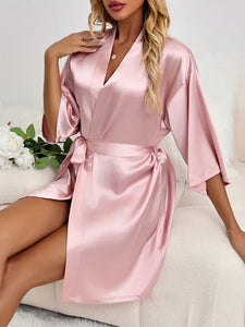 Luxurious Women's Satin Night Robe - V-Neck, Half Sleeve with Tie Belt - Elegant Sleepwear for Evening Comfort - L