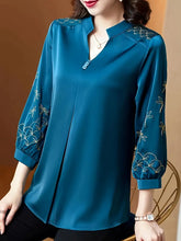 Load image into Gallery viewer, Elegant 3/4 Sleeve Embroidered Blouse - Luxurious Polyester Top with Mandarin Collar, Loose Fit, and Delicate Patterns, Size: M