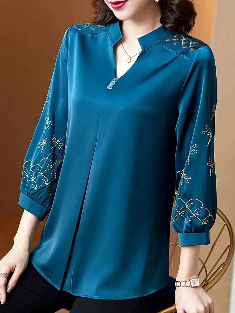 Elegant 3/4 Sleeve Embroidered Blouse - Luxurious Polyester Top with Mandarin Collar, Loose Fit, and Delicate Patterns, Size: M