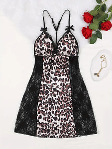 Sultry Leopard Print Lace-Trimmed Nightdress - Sensual Backless Design with Deep V-Neck - Comfy Sleep & Lounge Wear -Size: M