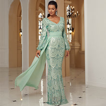 Load image into Gallery viewer, Long Sleeve Sexy Long Sequined V-neck Banquet Ribbon Evening Dress