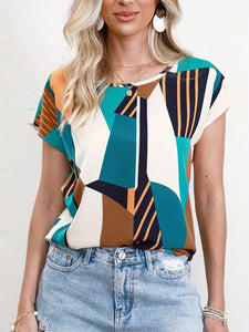 Geometric Print Crew Neck Blouse, Casual Short Sleeve Blouse For Spring & Summer, Women's Clothing -Size: S