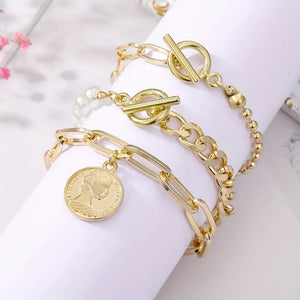 3-Piece Exquisite Coin Pendant Link Chain Bracelet Set - Elegant Hand Chain for Women