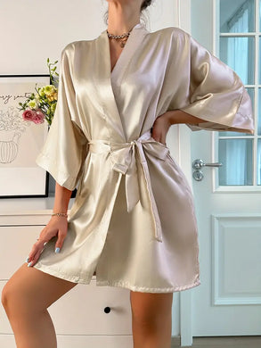 Three Quarter Sleeve Elegant Solid Satin Night Robes - Soft, Comfy, Belted Loungewear for Women - M