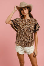 Load image into Gallery viewer, BiBi Leopard Crochet Trim Round Neck Short Sleeve Top