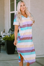 Load image into Gallery viewer, Striped V-Neck Curved Hem Midi Dress - Size: L