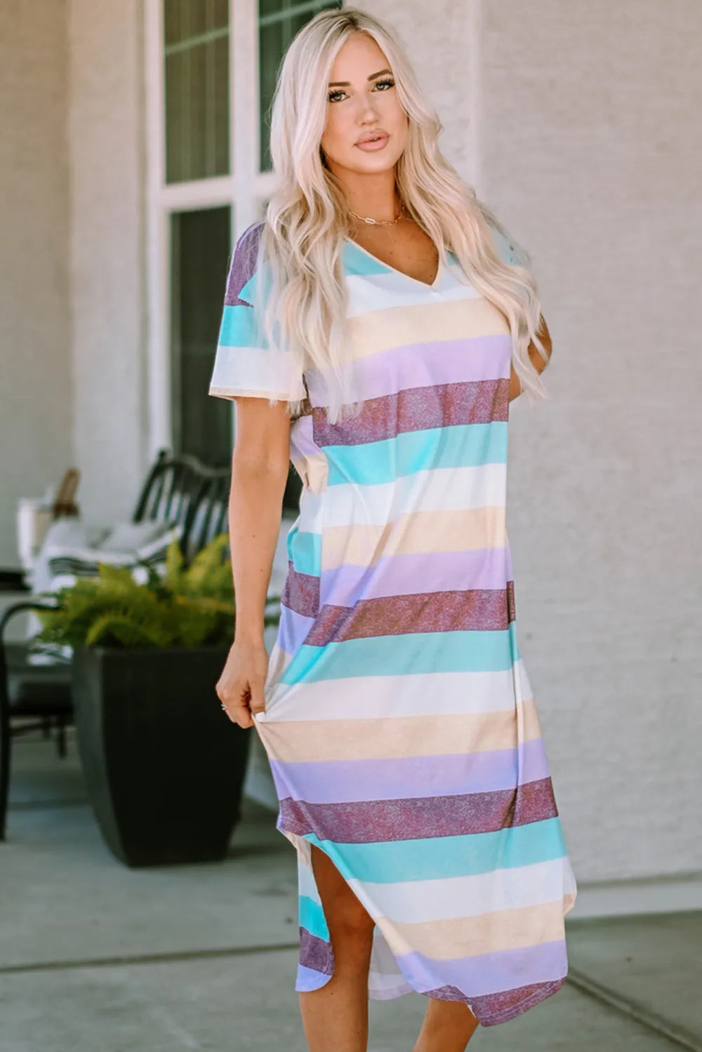 Striped V-Neck Curved Hem Midi Dress - Size: L