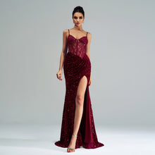 Load image into Gallery viewer, Spaghetti Straps Sleeveless Sequined High Slit Evening Dress