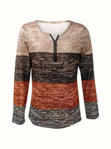 Vibrant Color Block Quarter Zip Long Sleeve T-Shirt - Soft, Breathable, Casual Wear for Spring & Fall, Size: M