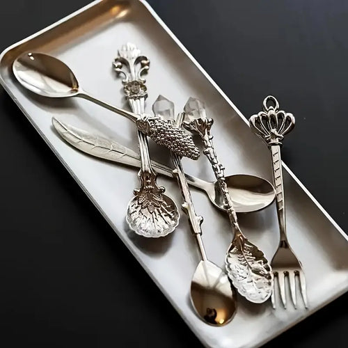 Vintage Royal Style Dessert Cutlery Set, Stainless Steel Gold Carved, Mini Spoons & Fork