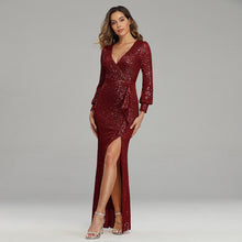 Load image into Gallery viewer, Fantasy Celebrity Sexy High Slit Long Sleeve Sequined Banquet Evening Dress Women - 3 Colors