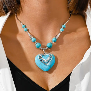 Bohemian Ethnic Style Turquoise Heart Pendant With Multiple Elements Hollow Heart-Shaped Necklace