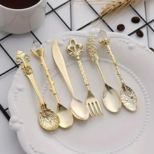 Load image into Gallery viewer, Vintage Royal Style Dessert Cutlery Set, Stainless Steel Gold Carved, Mini Spoons &amp; Fork