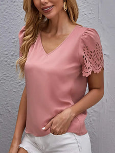 Scallop Trim Eyelet V Neck T-Shirt, Casual Short Sleeve T-Shirt For Women -Size: S