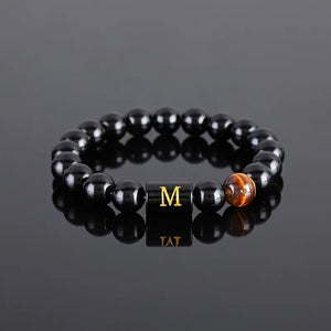 Luxury Glossy Black Glass Letter Beaded Tiger Eye Stone Boho Chic Stainless Steel 14K Gold Plated Adjustable Cuff Bangle for Men and Women