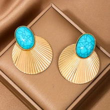 Load image into Gallery viewer, Chic Turquoise &amp; Metal Round Dangle Earrings for Women - Stainless Steel Posts