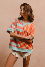 Load image into Gallery viewer, BiBi Striped Round Neck Half Sleeve French Terry Top