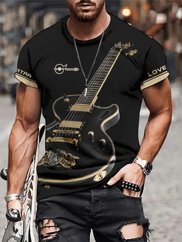 Mens Graphic Guitar Print Crew Neck T-Shirt - Soft Polyester Blend, Regular Fit, Short Sleeve, Slight Stretch, Casual Tee for Outdoor Enthusiasts - XL