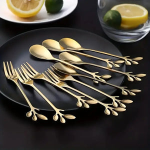 10-Piece Cherry Blossom Stainless Steel Cutlery Set, Gold Finish, Elegant Forks and Spoons